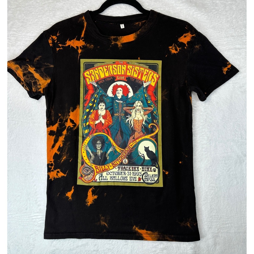 Hocus Pocus Sanderson Sisters Tee Unisex Small Black Orange Bleach Tie Dye D23